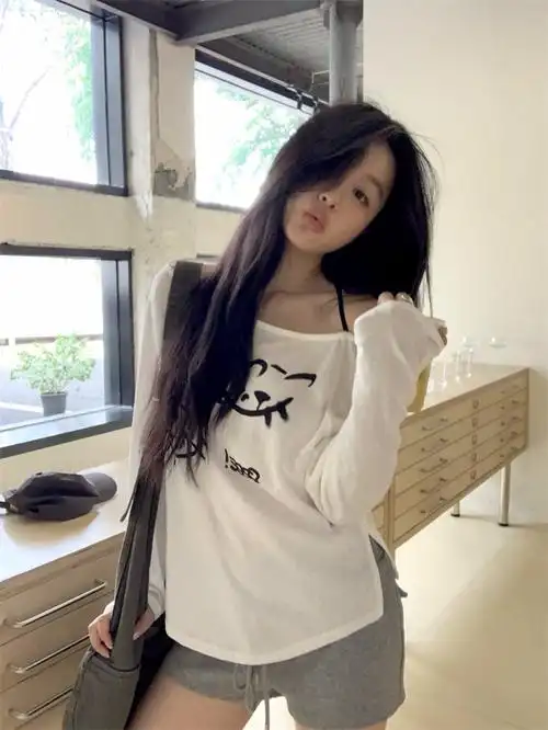 实拍实价~ 循环心动 印花宽松长袖t恤女薄款罩衫斜肩一字肩上衣 - 17