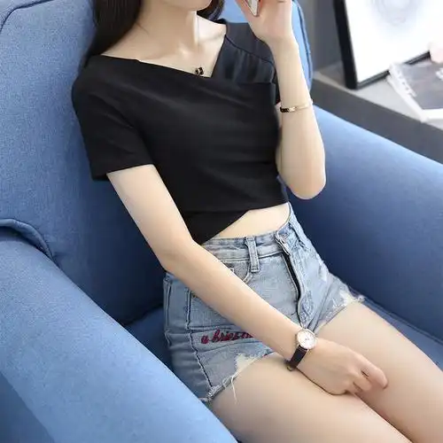 v领爵士舞t恤女短袖高腰露脐小心机上衣性感不规则交叉漏肚子短款