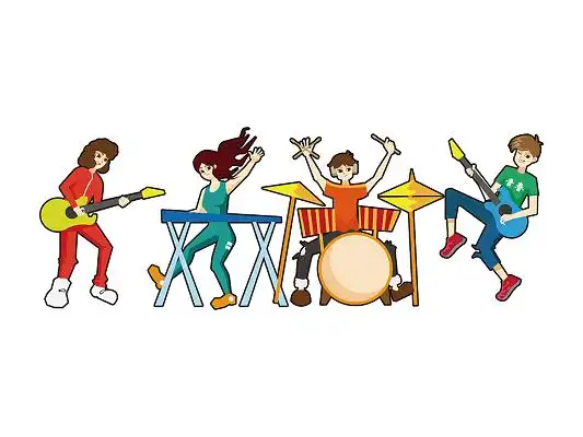 彩色卡通手绘五四青年节人物乐队开演唱会表演元素png素材