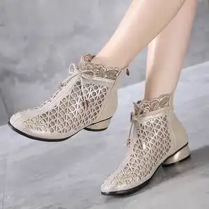 网纱短靴2022春夏新款真皮平底透气女靴网状软底镂空凉靴大码女鞋