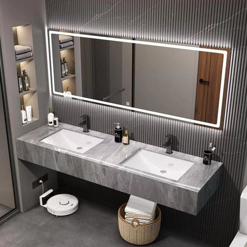 公共厕所简约亮面岩板浴室柜双盆卫生间双人洗手盆洗漱台洗脸台盆