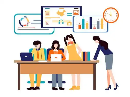 卡通办公室工作团队合作商务扁平会议多人小组商讨png素材插画