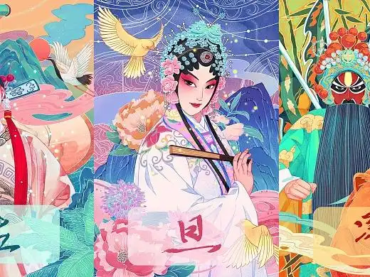 "生旦净末丑"戏剧人物国潮风水彩插画