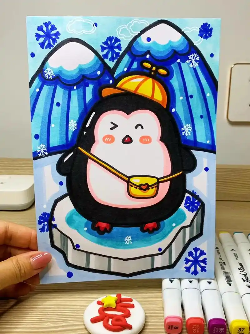 小企鹅图片马克笔手绘卡通儿童画附色号
