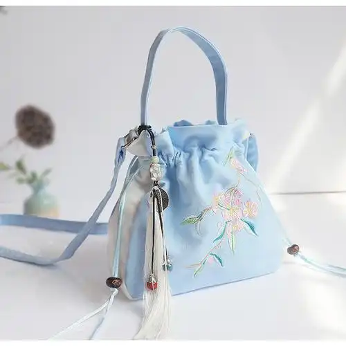 刺绣大容量汉服古风小包包女包双肩帆布包斜挎包中国风单肩包樱鹤拼色