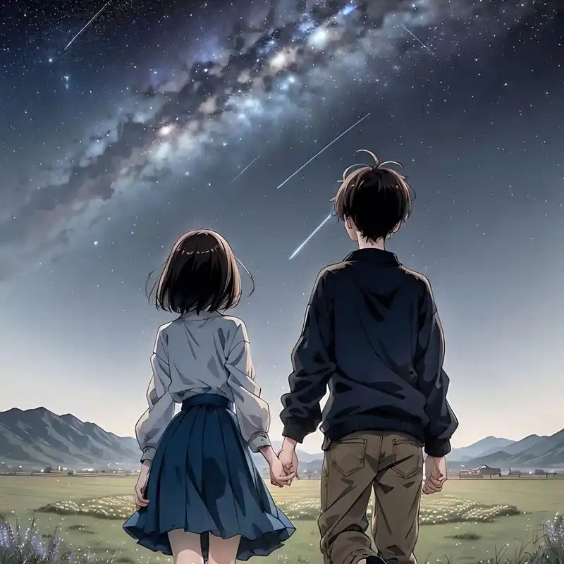 小情侣手牵手奔跑的背影,女生穿着清凉,男生休闲时尚,夜晚在草原佑