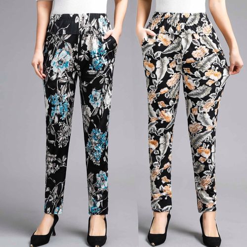 夏季中老年女裤休闲裤女高腰弹力妈妈裤子大码中年女裤长款花裤子