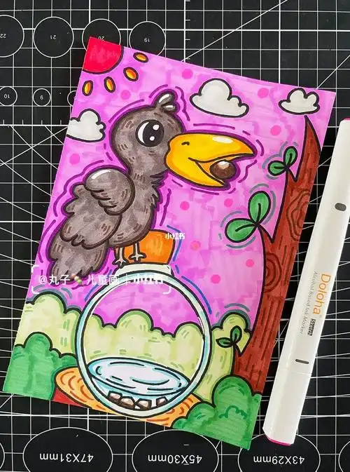 马克笔儿童画丨乌鸦喝水77线稿