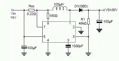 图五:mc34063升压变换器电路图四:mc34063降压变换器电路图三:mc34063