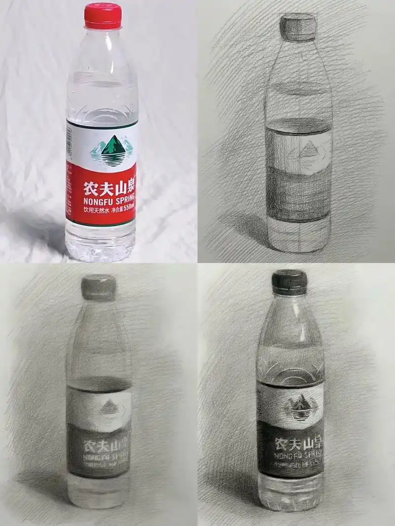 素描矿泉水瓶子 绘画过程.