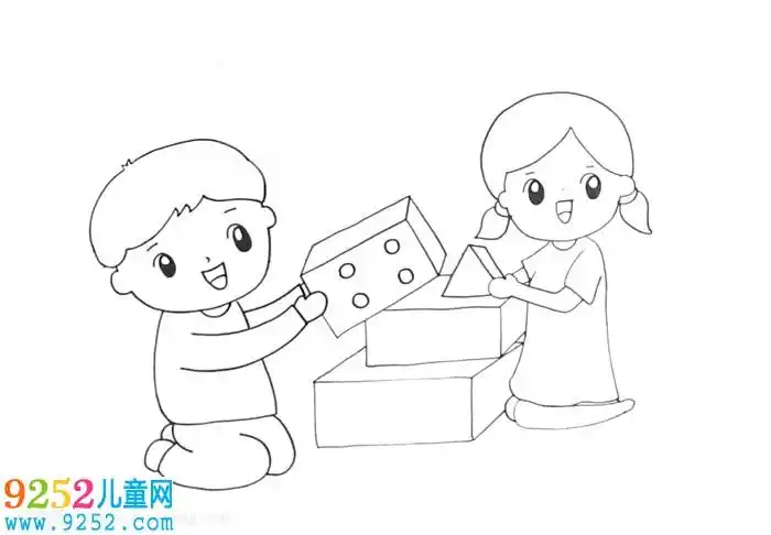 1,先在中间位置画两个玩积木的小朋友.