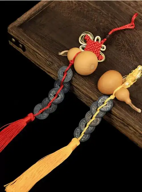 纯铜精选天然葫芦泰山出土五帝钱门对门道家风水车载吉祥五帝钱