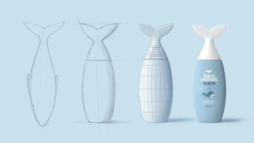 保护海洋理念鲸鱼尾瓶造型的loveocean沐浴产品包装设计