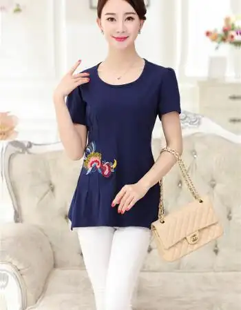 中老年新款夏装女装大码短袖衫中年女士纯棉t恤民族风刺绣全棉t恤