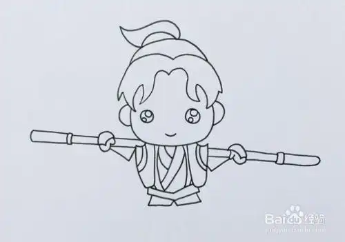 画出至尊宝的上半身,画出层层叠叠的衣服,肩上扛着金箍棒,双手搭在