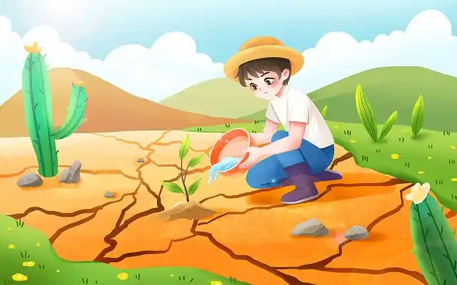 卡通手绘土地日插画给干涸土地上的小苗浇水的男孩原创插画海报