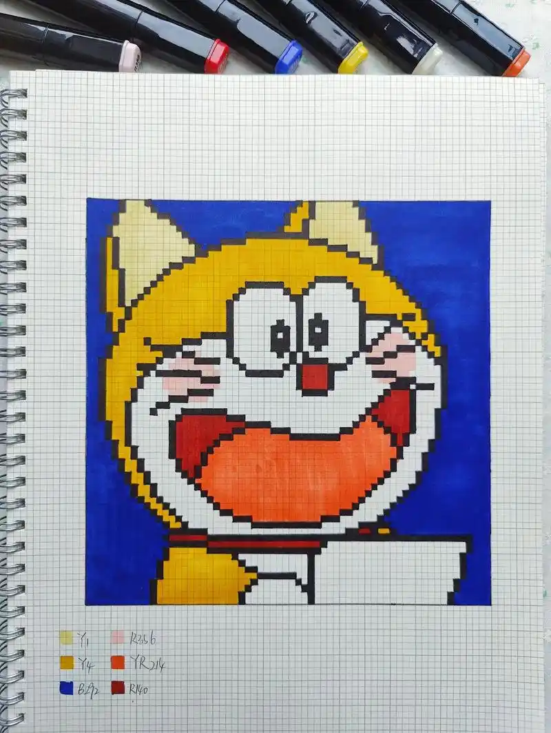 像素画 格子画黄色哆啦a梦.a4 2.5mm 64*64 # - 抖音