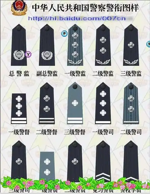 警监:橄榄枝加两星   三级警监:橄榄枝加一星   一级警督:两杠三星
