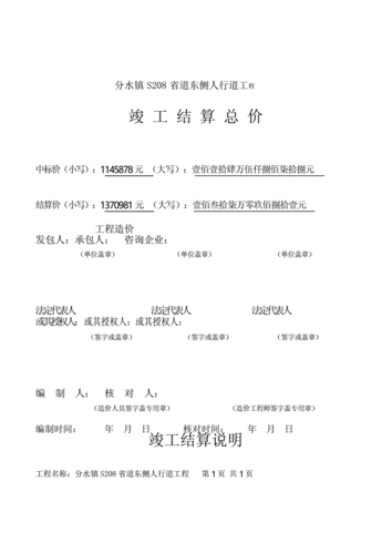 市政道路工程竣工结算书docx3页