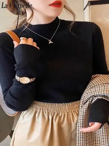 美mm半高领打底衫女长袖春秋季内搭毛衣薄款宽松显瘦针织上衣 黑色 m