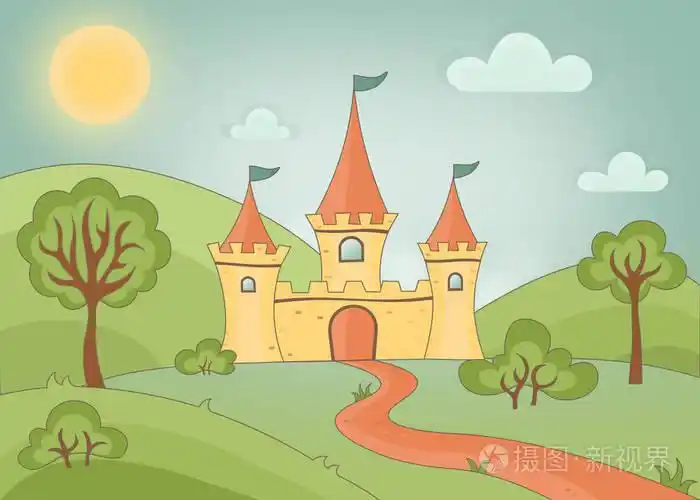 一座童话城堡,有三座塔楼,一扇坚固的大门,还有一条小径,背景是一个有