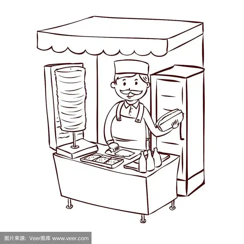 街头小吃烤肉摊.快餐.手绘的卡通