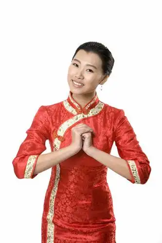 快乐,幸福,热情,信心,中国,仅一个女性,旗袍,丝绸,祝福,红色,手势,站