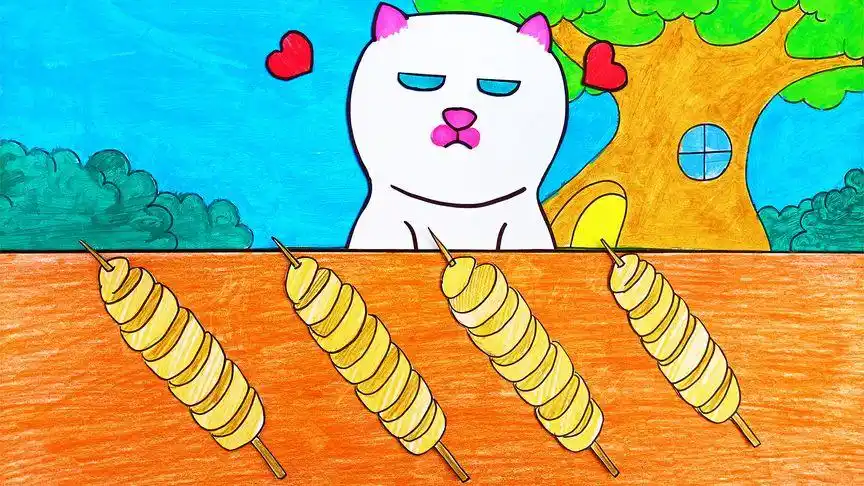 手绘定格动画:今天来吃烤面筋!是薇薇猫最喜欢的路边摊小吃哦!