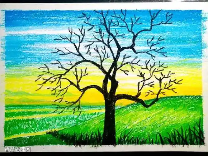 步骤3:用黑色油画棒画出树干和蓝绿色的背景形成强烈对比.