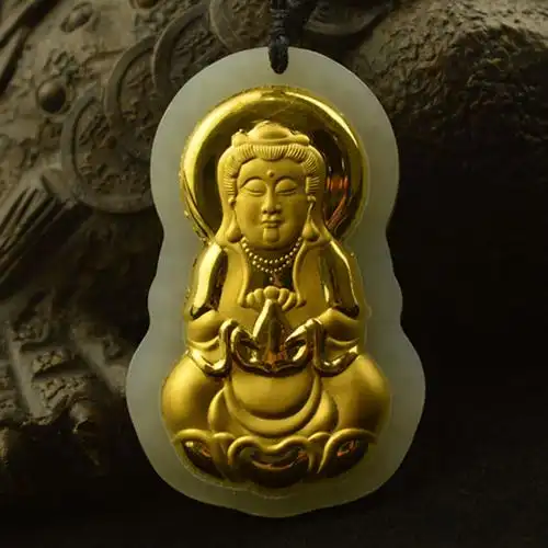 厂家直销金镶玉999足黄金镶天然a货和田玉项坠观音佛吊坠