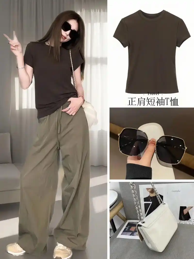 简单高级的暖色系穿搭～韩系简约圆领咖啡色t恤,搭配茶石绿阔腿 - 抖