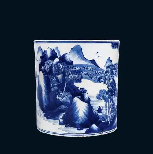 清康熙青花山水人物笔筒