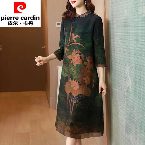 皮尔卡丹杭州品牌改良旗袍连衣裙新款中老年妈妈装洋气桑蚕丝高档长裙
