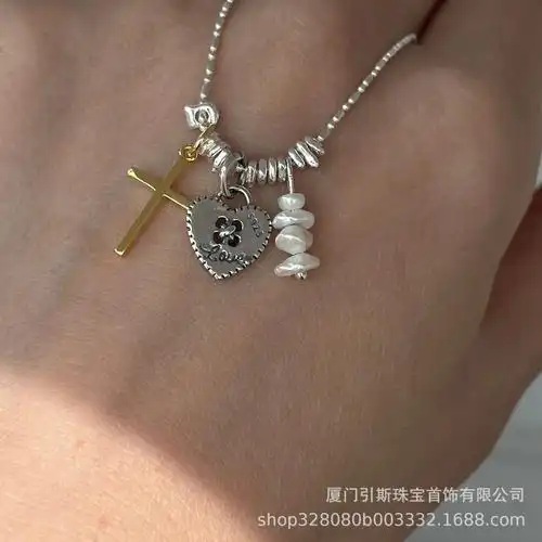 引斯/中古风碎银子十字架爱心项链 s925纯银叠戴复古小众礼物