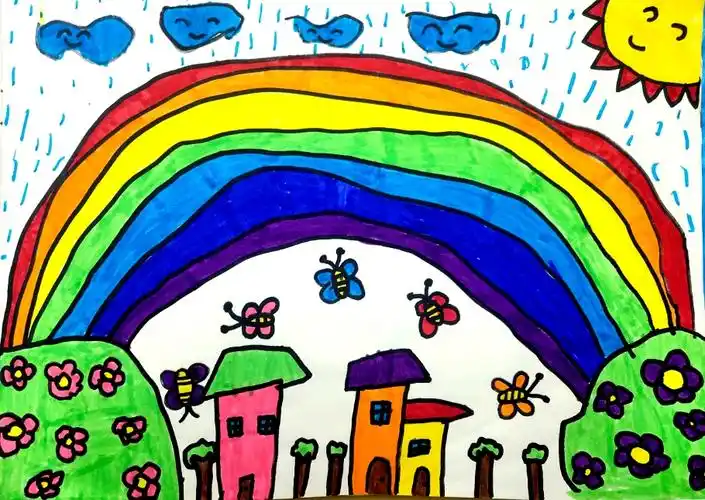小学美术老师的幸福时刻,美术课堂作业(六)——《七彩飞虹》