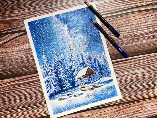 彩铅风景星空雪景