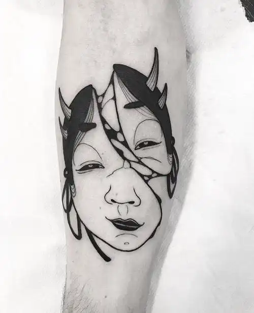 小臂黑灰日式鬼面纹身图案