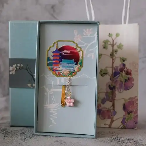 南京鸡鸣寺金属书签中国国风团扇流苏礼品夫子庙书签