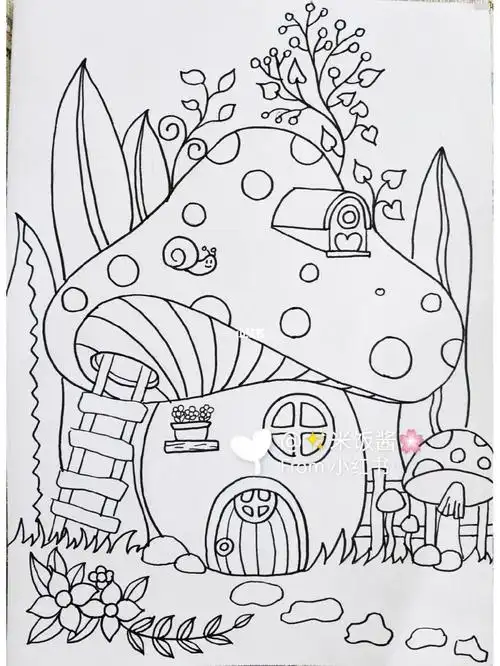 蘑菇屋黑白装饰画线描