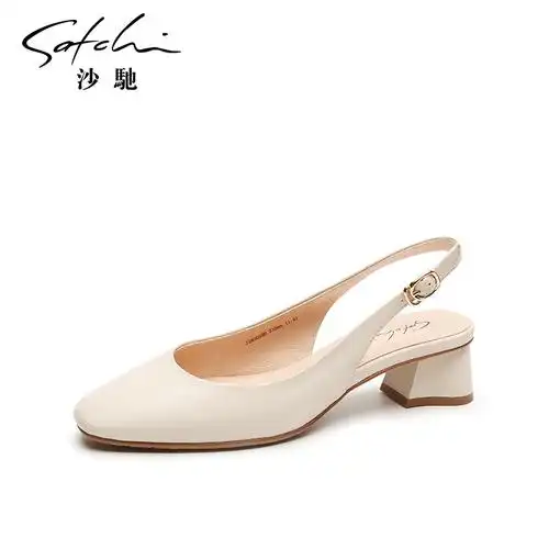 换季新品沙驰女鞋真皮凉鞋女夏季新款粗跟中跟时尚包头半凉时装鞋