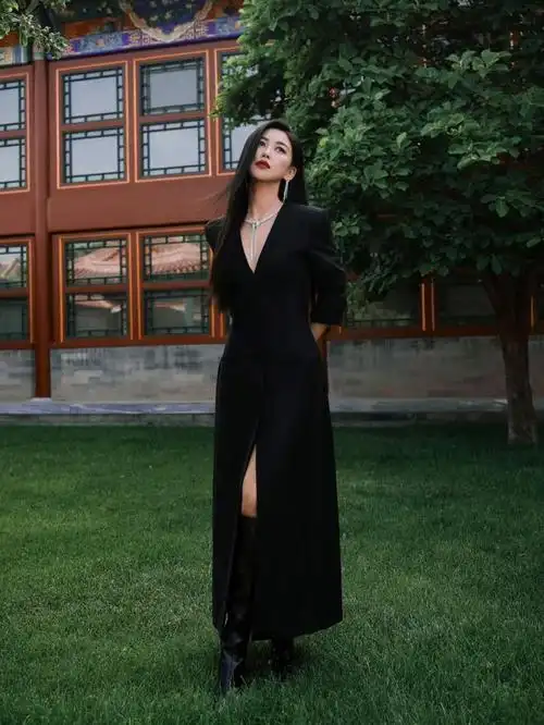 朱珠果然是气场女王,穿黑色深v连衣裙配大红唇,贵妇感十足!