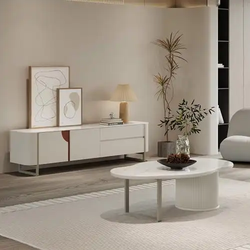 掌上明珠家居现代轻奢云朵造型可移动岩板茶几电视柜奶油色烤漆lt272