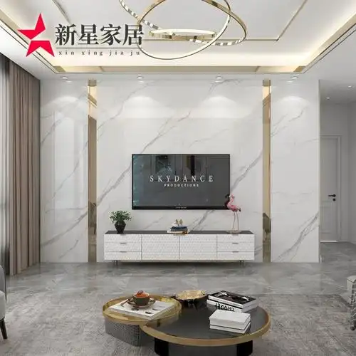 简约轻奢岩板客厅电视机背景墙瓷砖大板800x2600木格栅现代影视墙