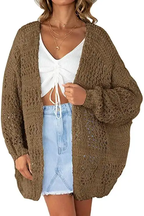 zesica 女式镂空开衫轻质长袖超大前开襟钩针针织毛衣外套