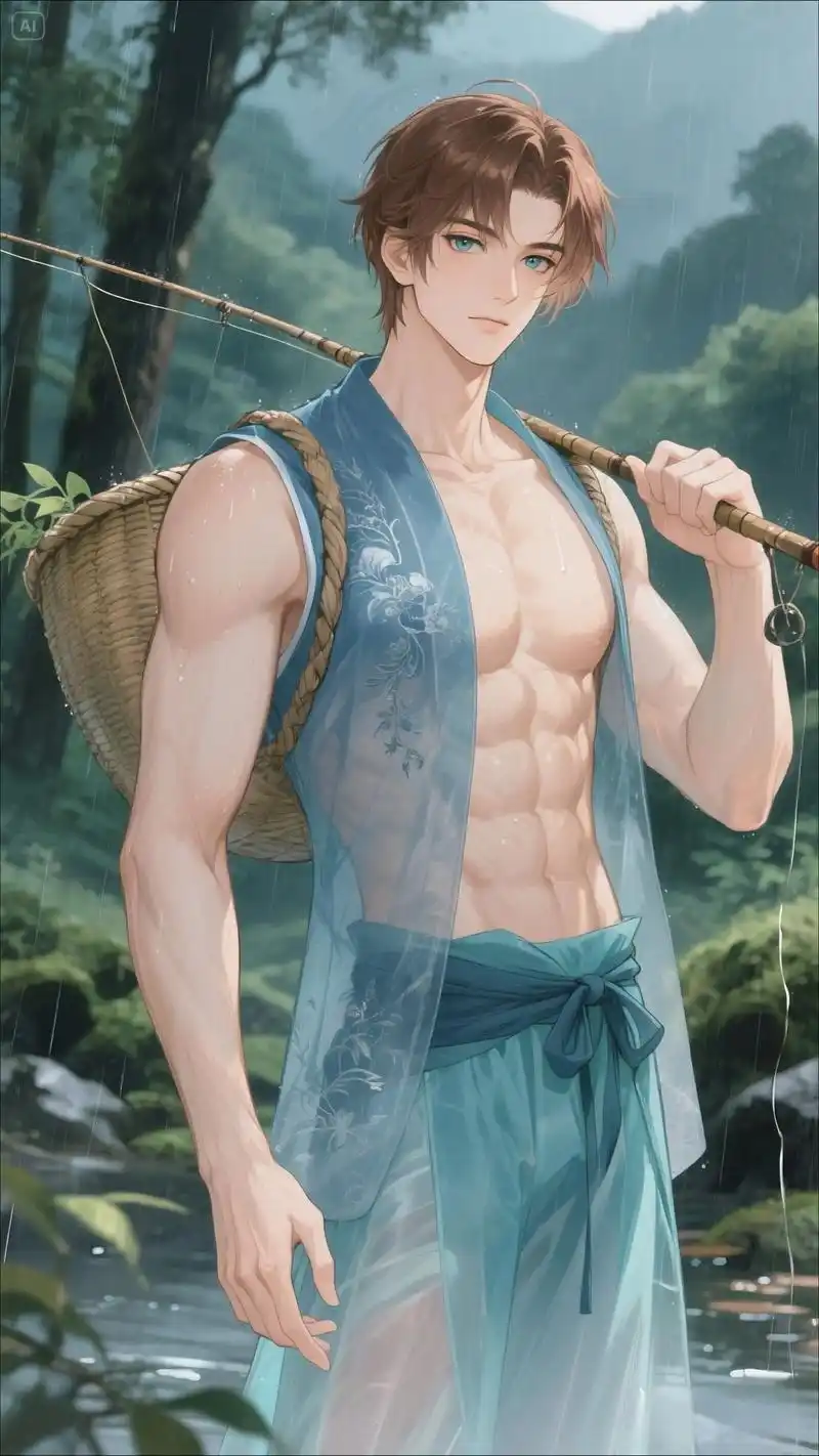 创意美图|雨天山林间的二次元古风肌肉男生.#国风少年 #腹肌