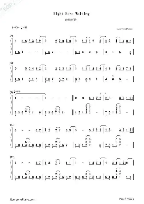 here waiting双手简谱预览1-钢琴谱文件(五线谱,双手简谱,数字谱,midi