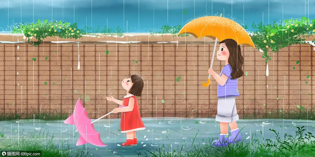 夏季母女感受下雨天暴雨打伞