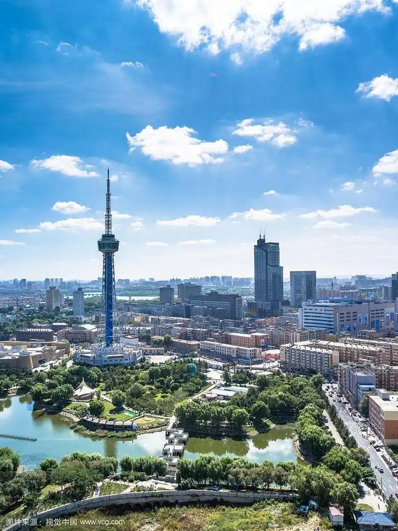 高空鸟瞰吉林省长春市南湖公园与吉林电视台