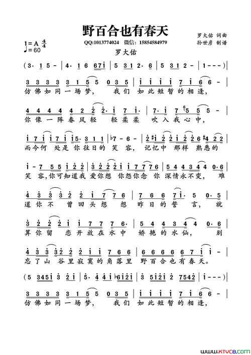 野百合也有春天简谱-罗大佑演唱-罗大佑/罗大佑词曲-看谱啦