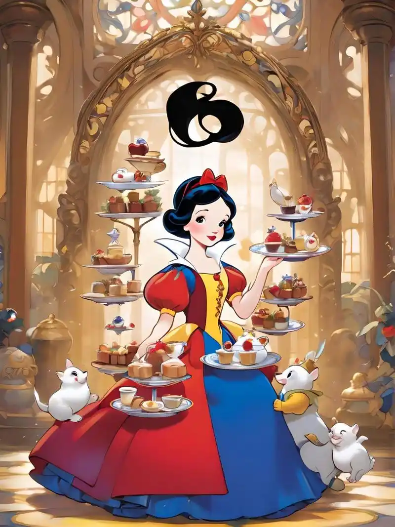 9878 画面中的白雪公主,皮肤如雪,唇红齿白,黑发如瀑,她那双明亮